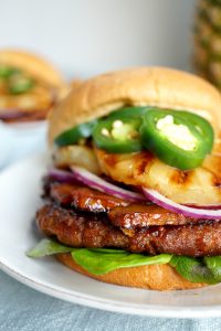 close up of a vegan aloha burger