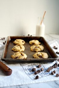 pan of vegan chocolate chip cookies
