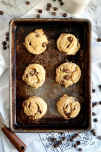 vegan chocolate chip cookies on pan overhead
