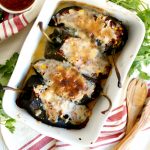 overhead shot of stuffed poblano peppers