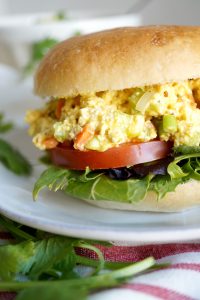 close up of tofu salad sandwich