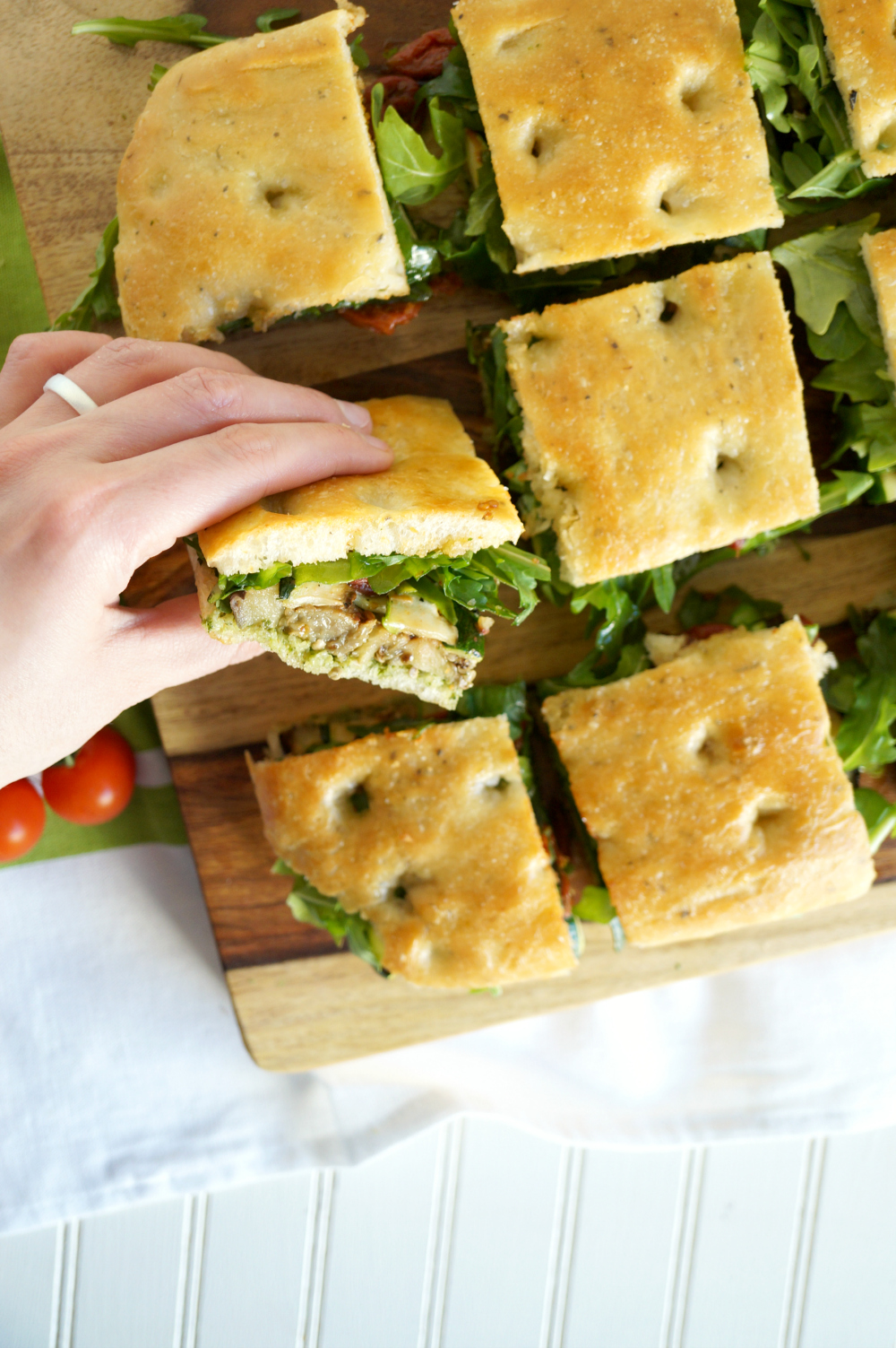 vegan grilled veggie focaccia sheet pan sandwiches - The Baking Fairy