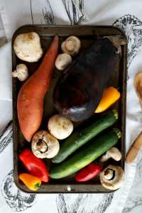 sheet pan of raw vegetables