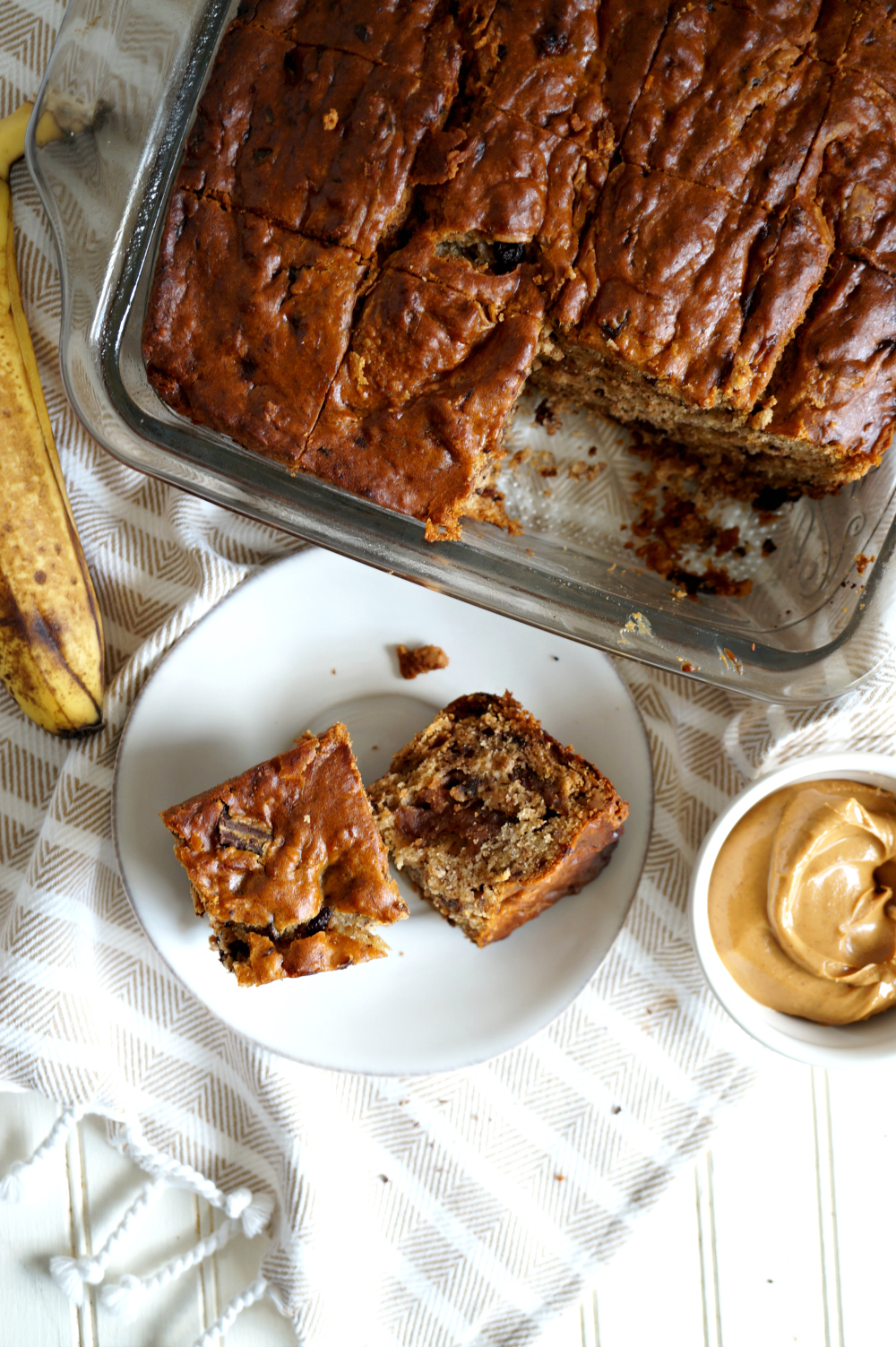 overhead shot of banana snack cake