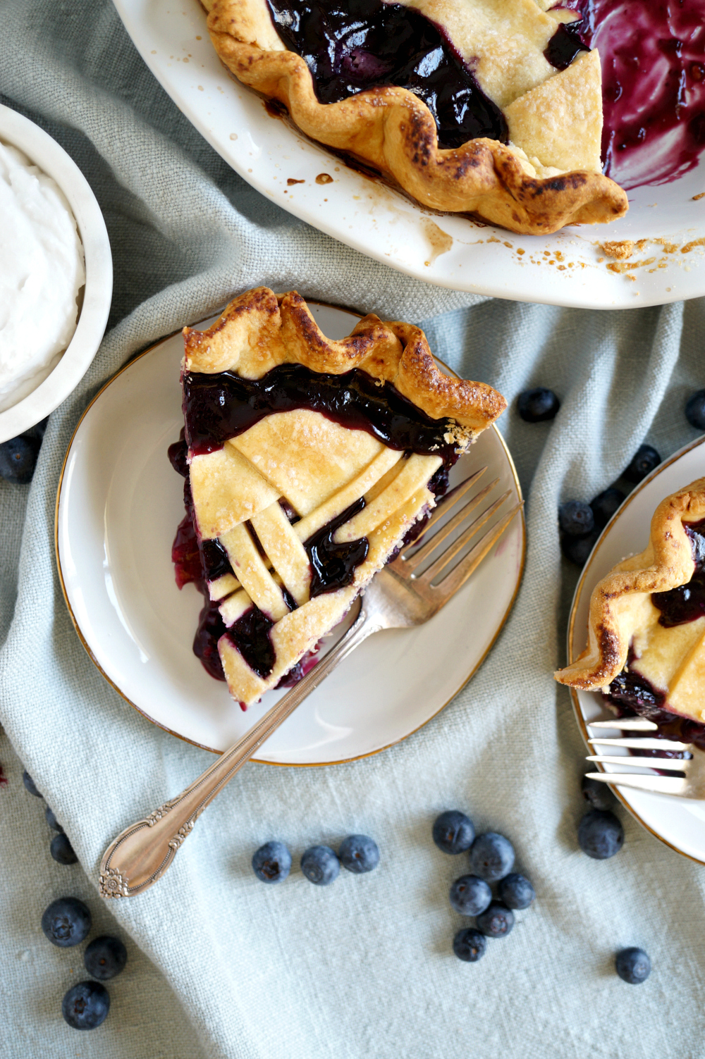 slice of blueberry coconut pie overhead