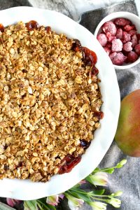 overhead photo of mango raspberry crumble