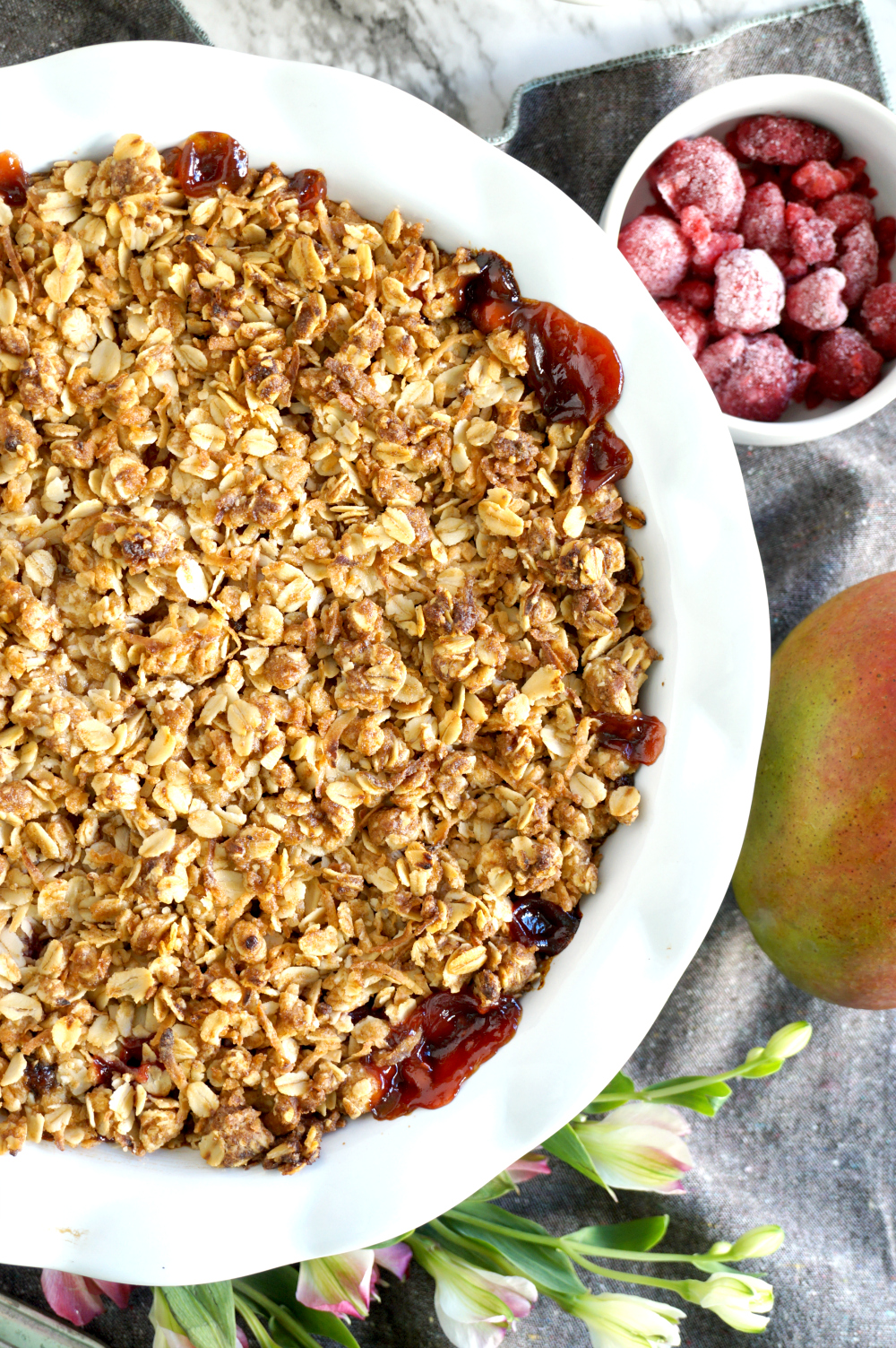 overhead photo of mango raspberry crumble