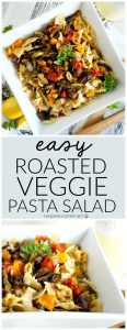 collage of roasted veggie pasta salad