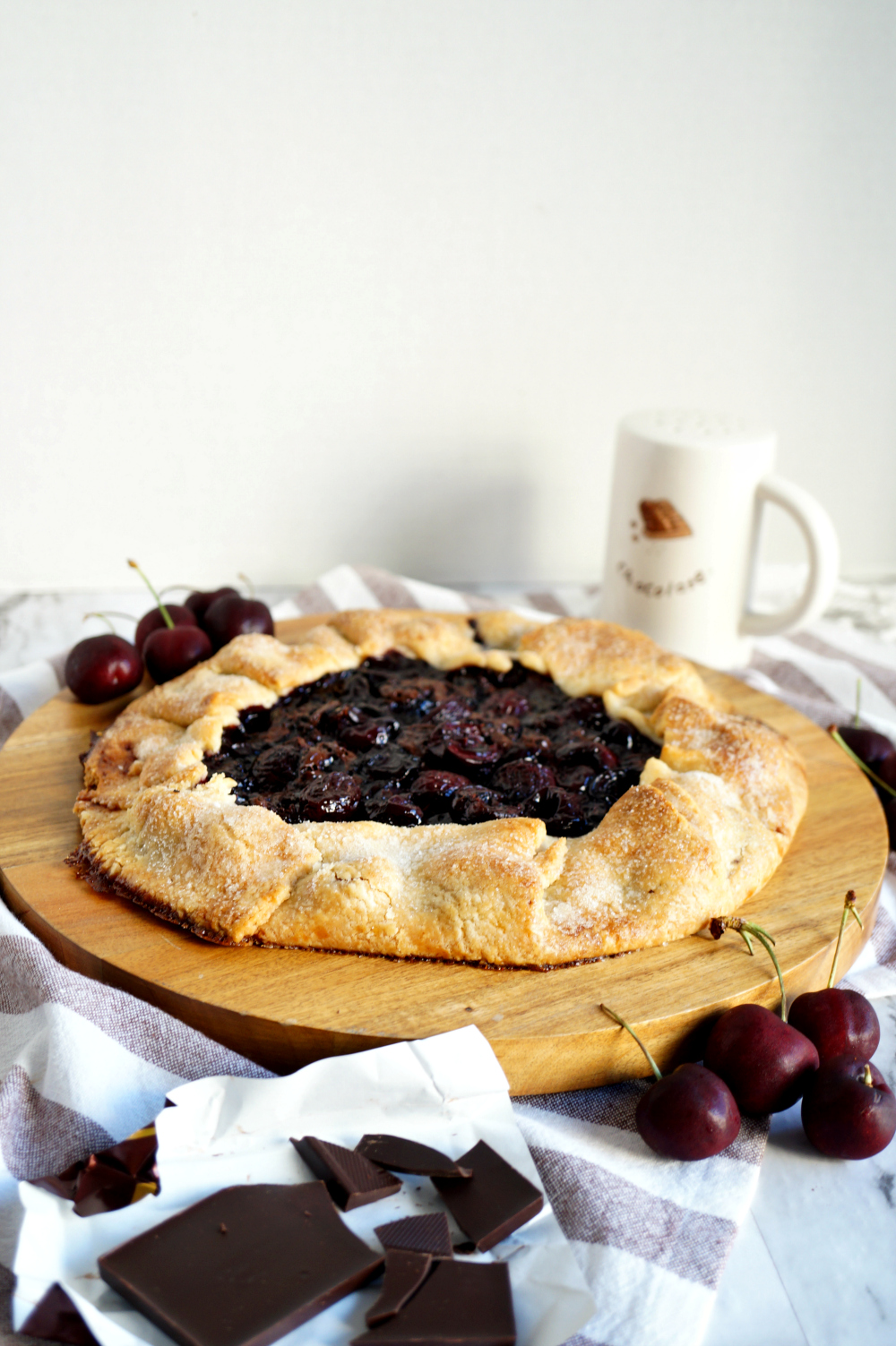 chocolate cherry galette on a tray