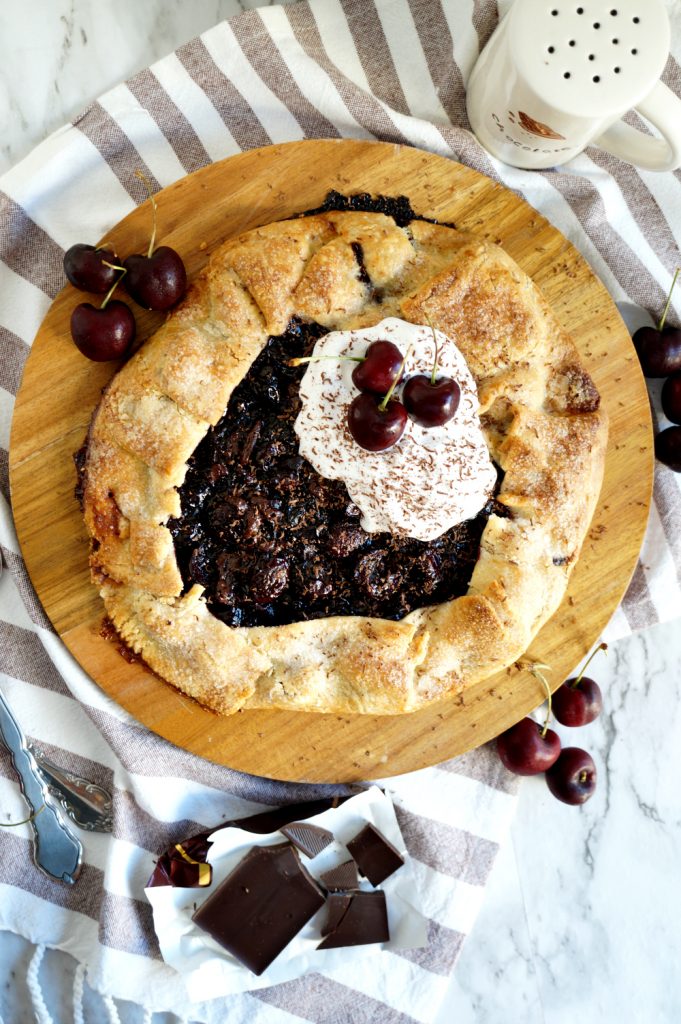 chocolate cherry galette overhead