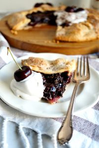 slice of chocolate cherry galette on plate