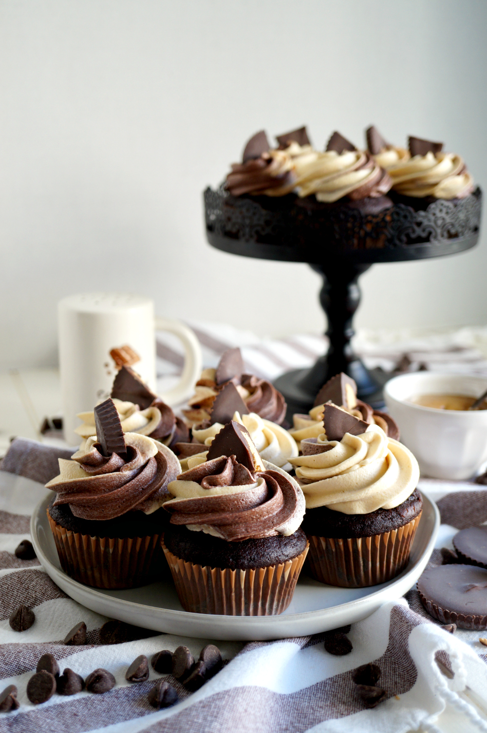 plate of chocolate peanut butter cupcakes
