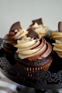 close up of chocolate peanut butter cupcake