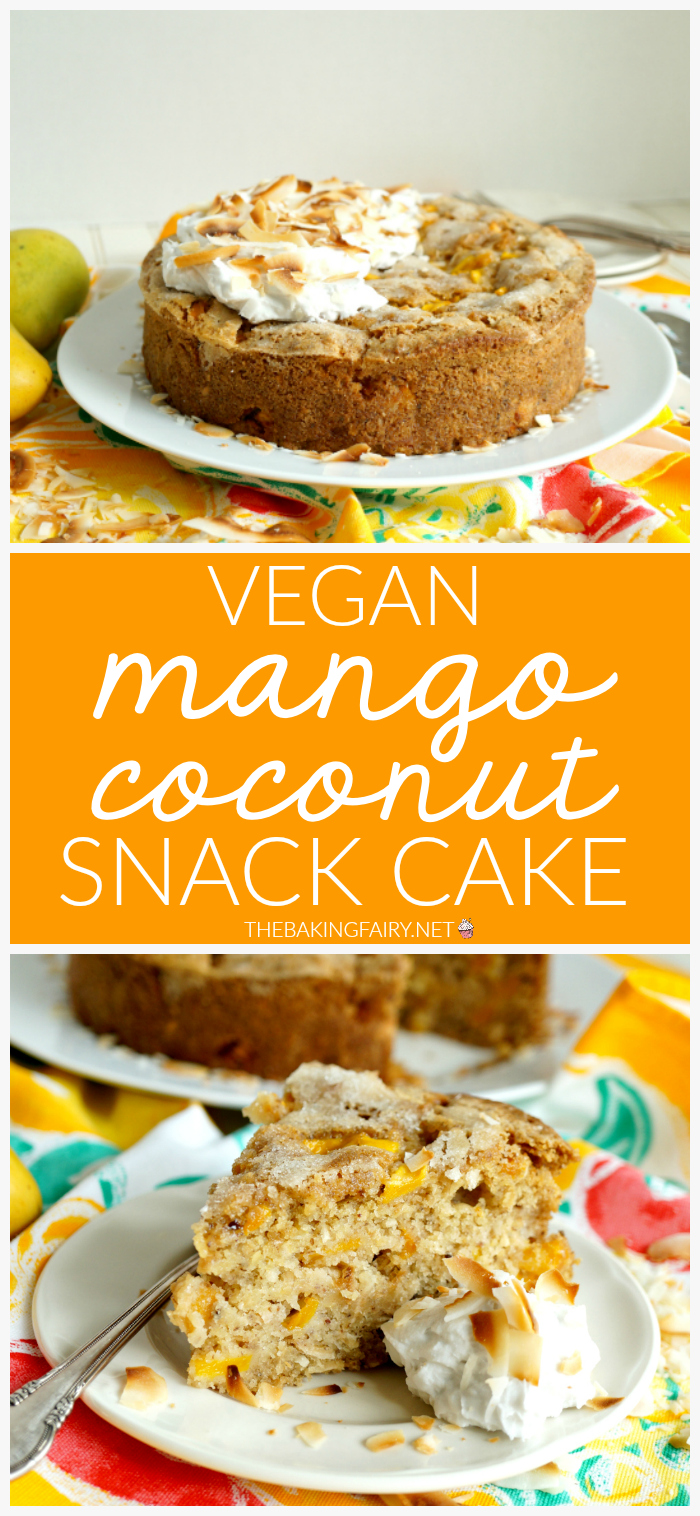 mango coconut snack cake collage