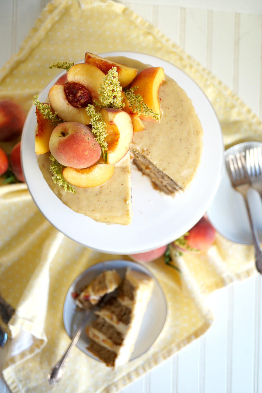 overhead shot of peach cake