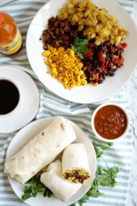 overhead shot of burritos and ingredients