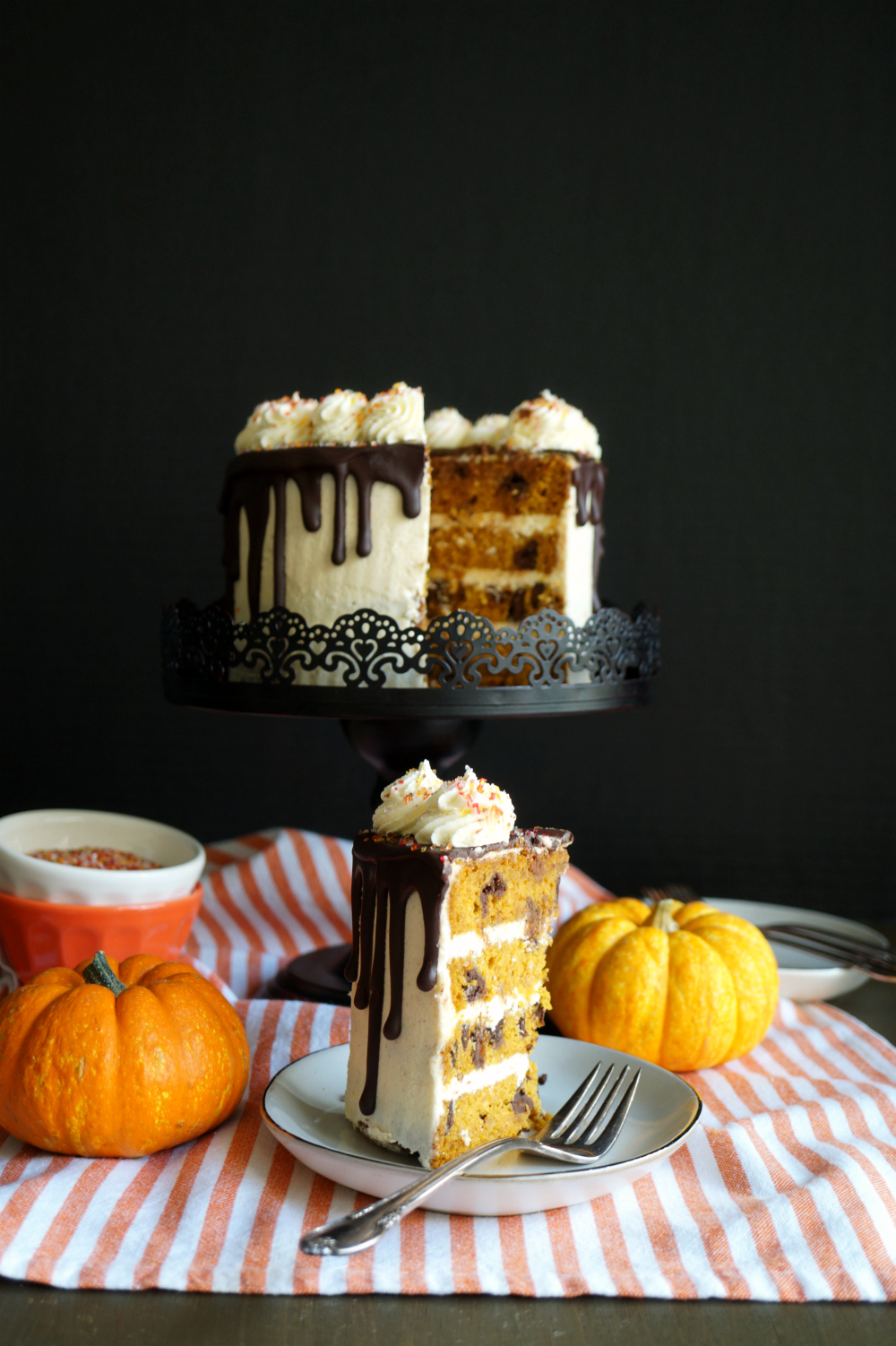 vegan pumpkin chocolate chip layer cake | The Baking Fairy #PumpkinWeek #ad