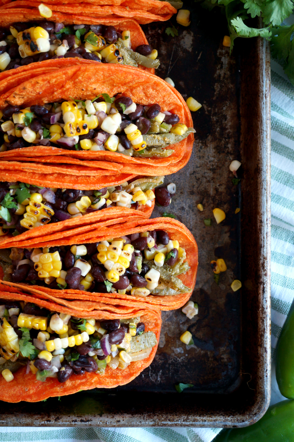 vegan nopales tacos with charred corn and black bean salsa