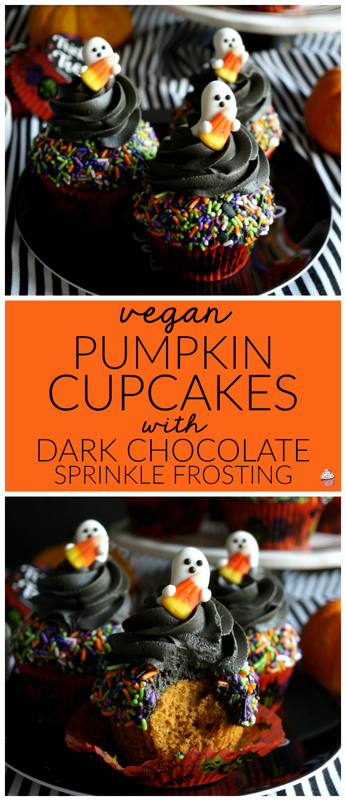 vegan pumpkin cupcakes with dark chocolate sprinkle frosting | The Baking Fairy #HalloweenTreatsWeek #ad