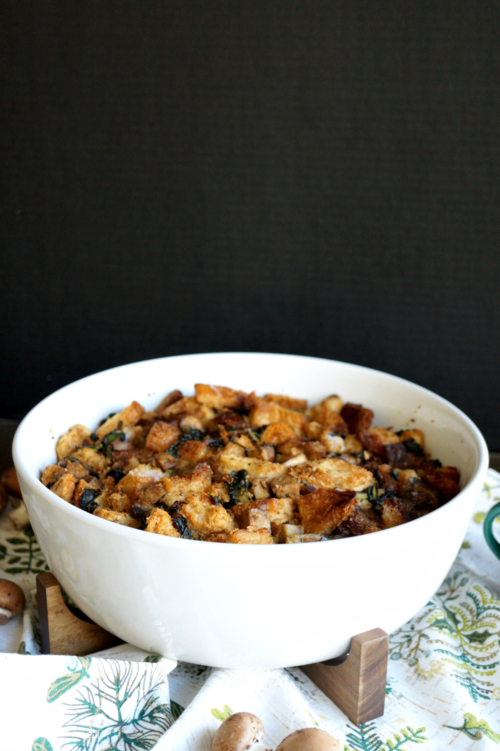 vegan sourdough stuffing with mushrooms, sausage, and swiss chard | The Baking Fairy