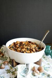 vegan sourdough stuffing with mushrooms, sausage, and swiss chard | The Baking Fairy