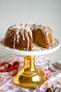 peppermint bundt cake with slice cut out