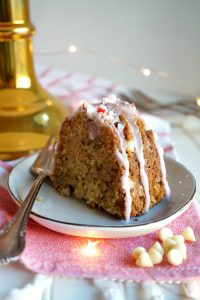 slice of white chocolate peppermint crunch bundt cake