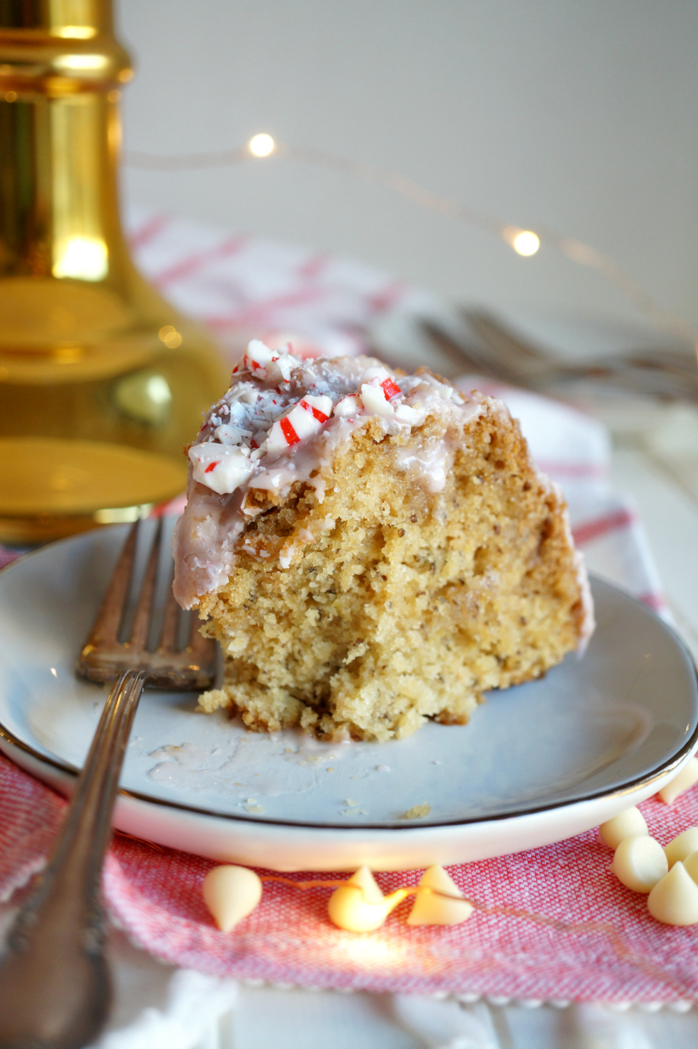 slice of peppermint crunch bundt cake