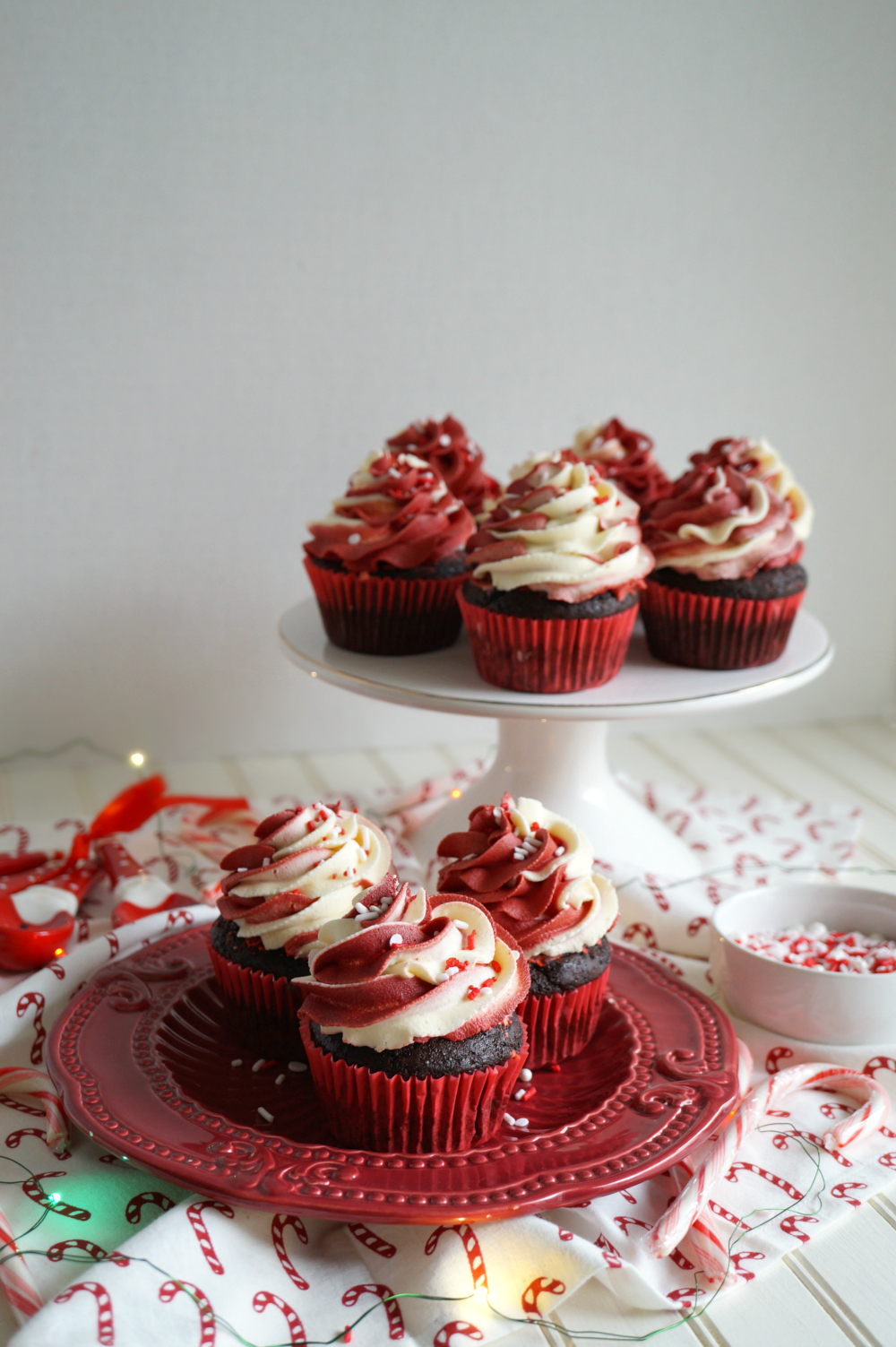 wide shot of chocolate peppermint cupcakes
