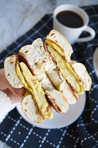 breakfast bagel sandwich cut in half