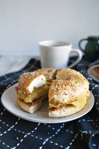 split breakfast bagel sandwich