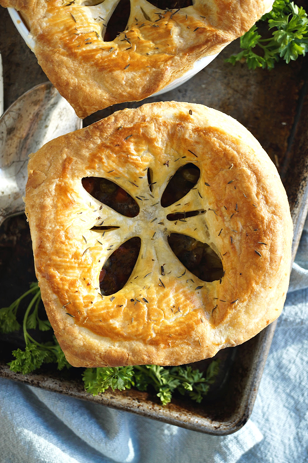 overhead shot of two pot pies