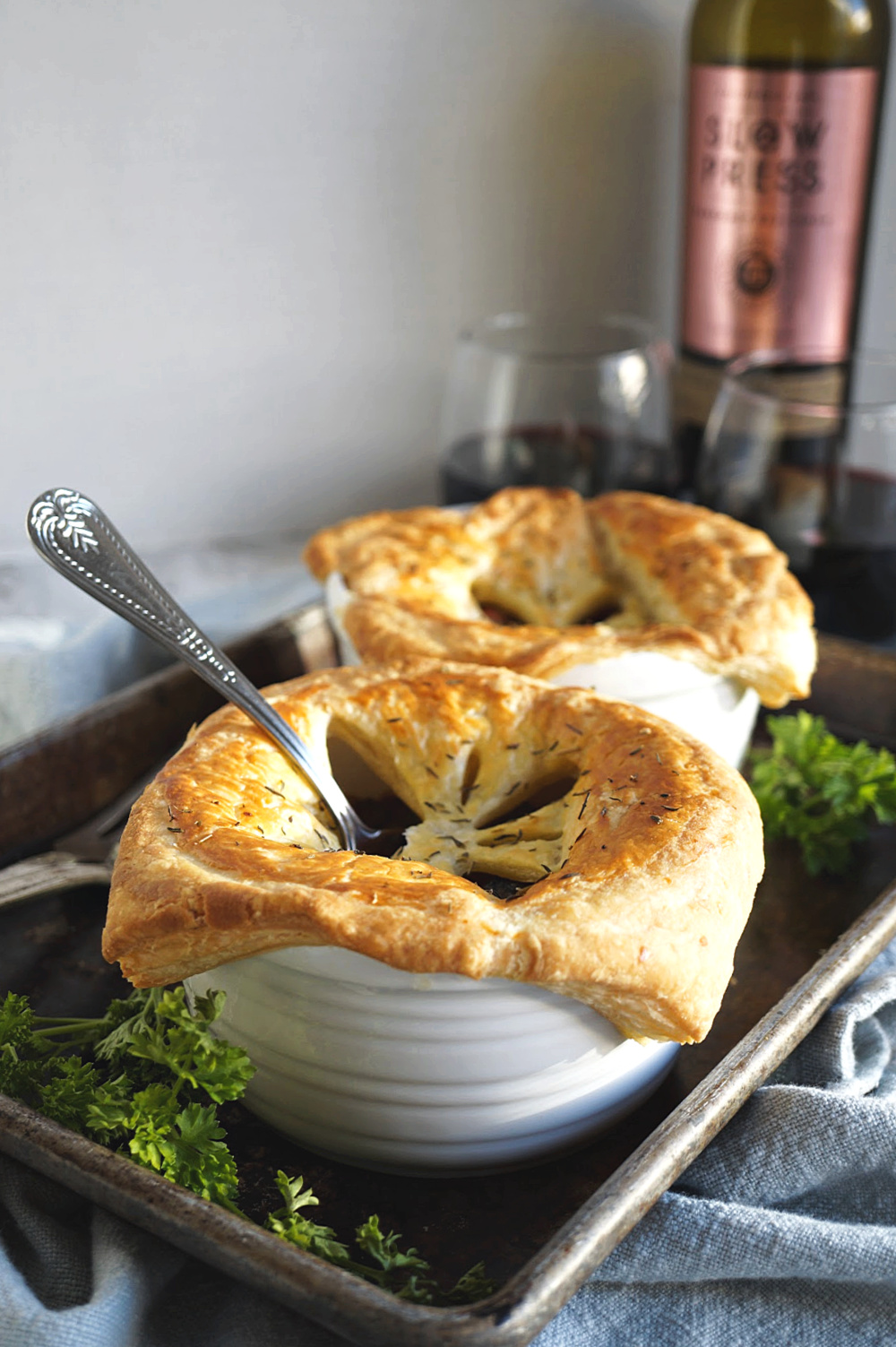 beef and mushroom pot pie with spoon