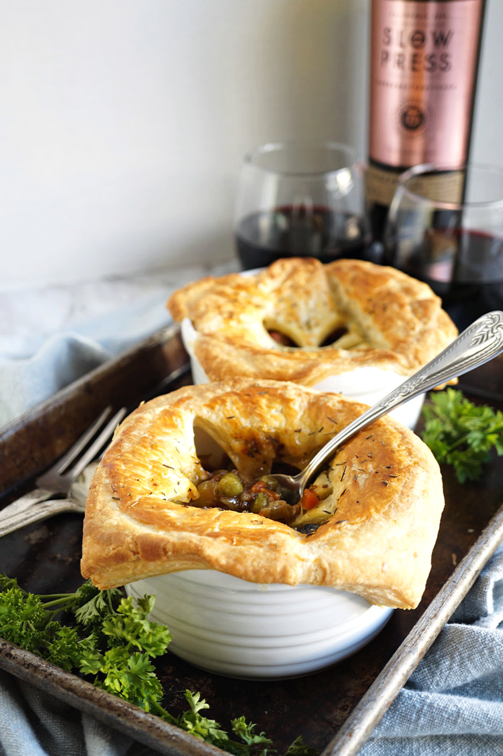 single serving of beef and mushroom pot pie