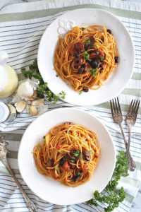 overhead shot of pasta alla puttanesca