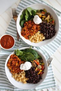 overhead shot of two taco bowls