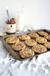 tray of chocolate tahini swirl cookies