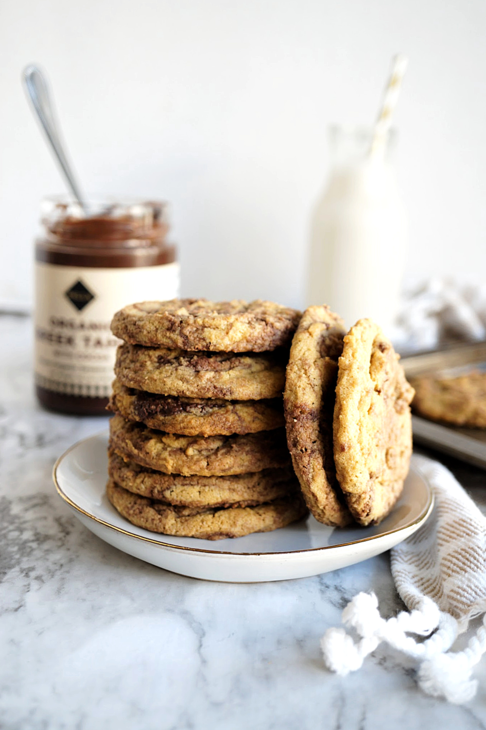 stack of chocolate tahini cookies