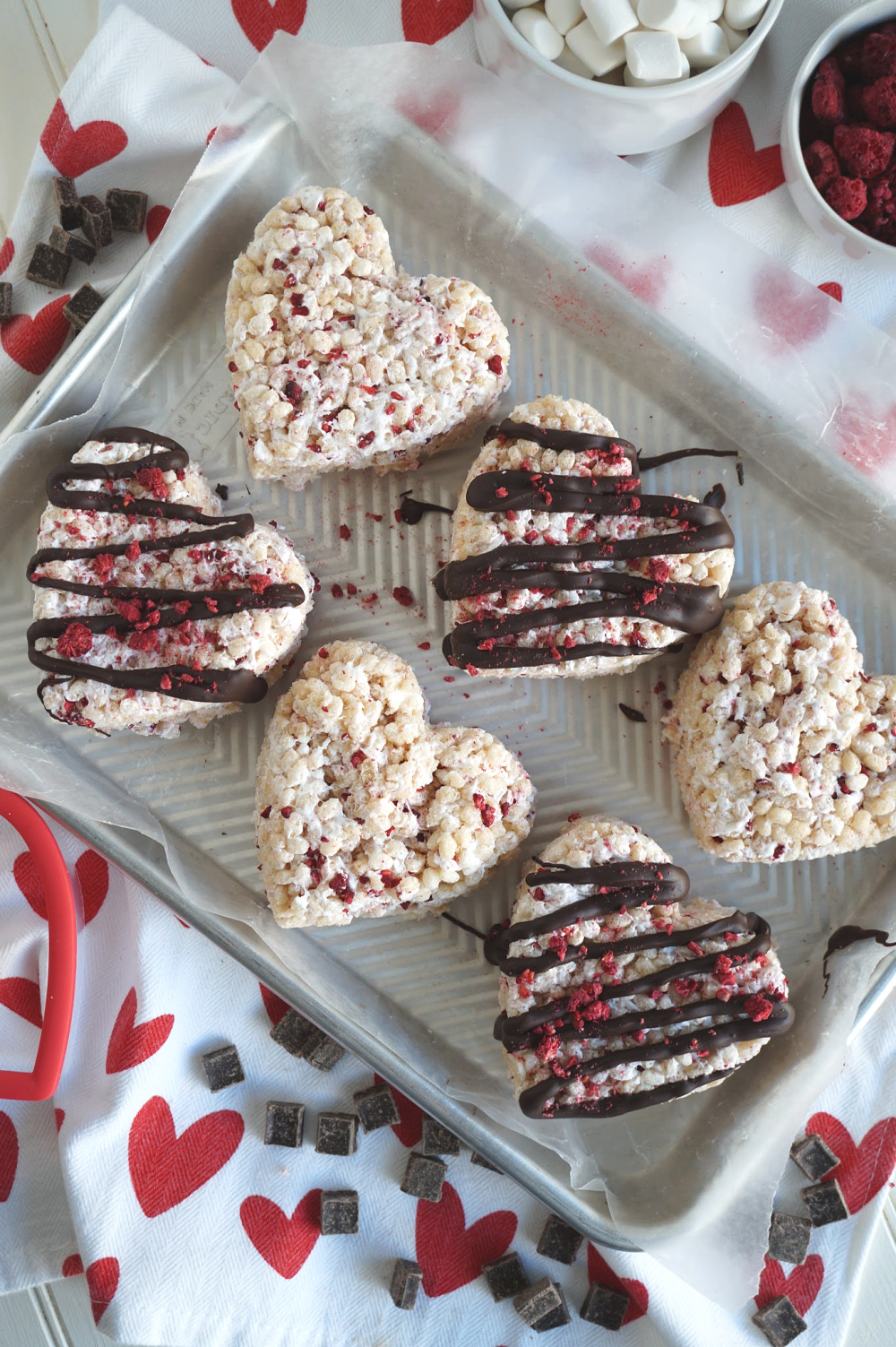 tray of raspberry dark chocolate rice krispie treats