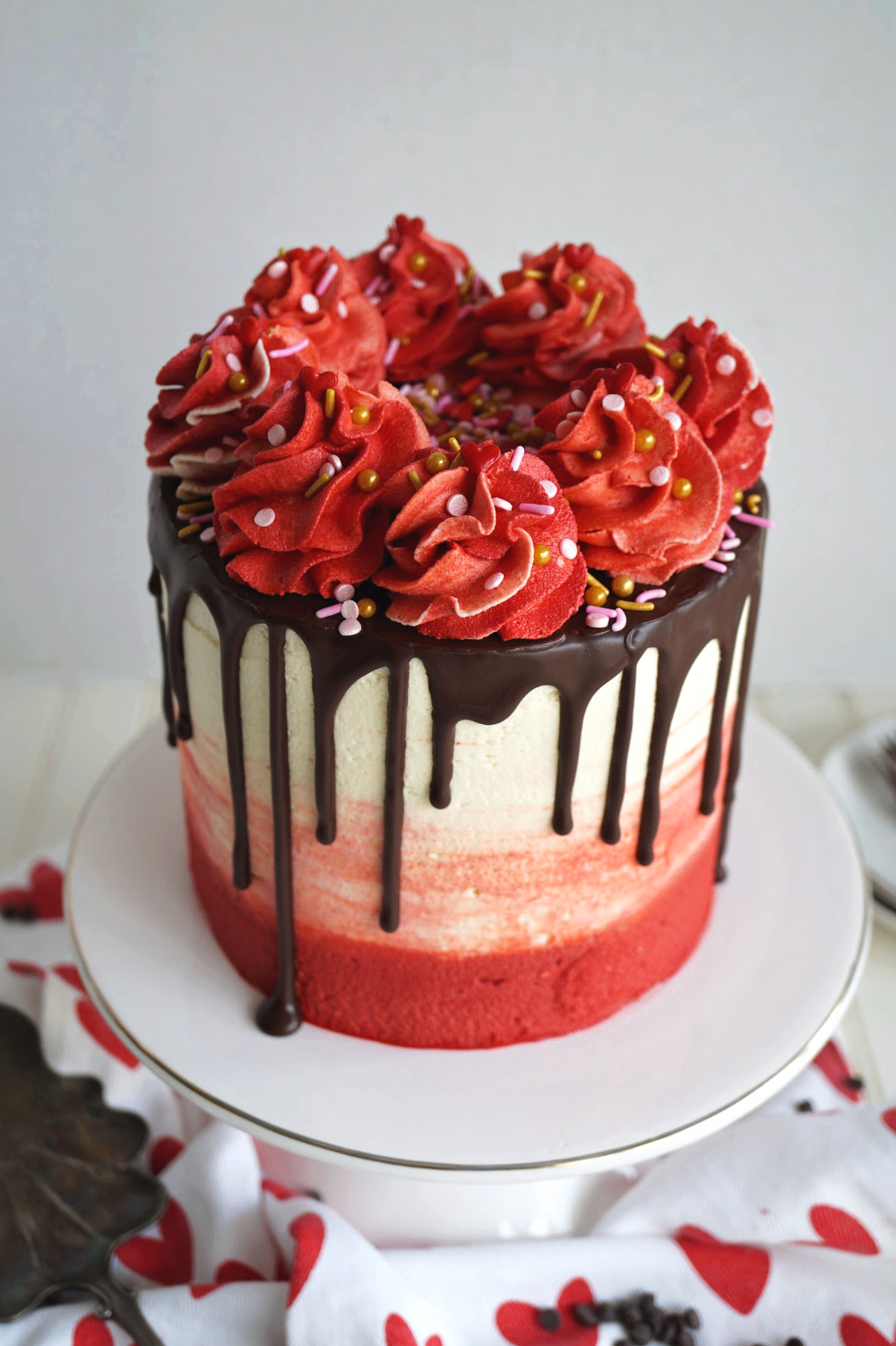 overhead shot of red velvet cake