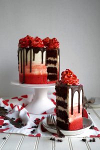 red velvet cake with slice cut