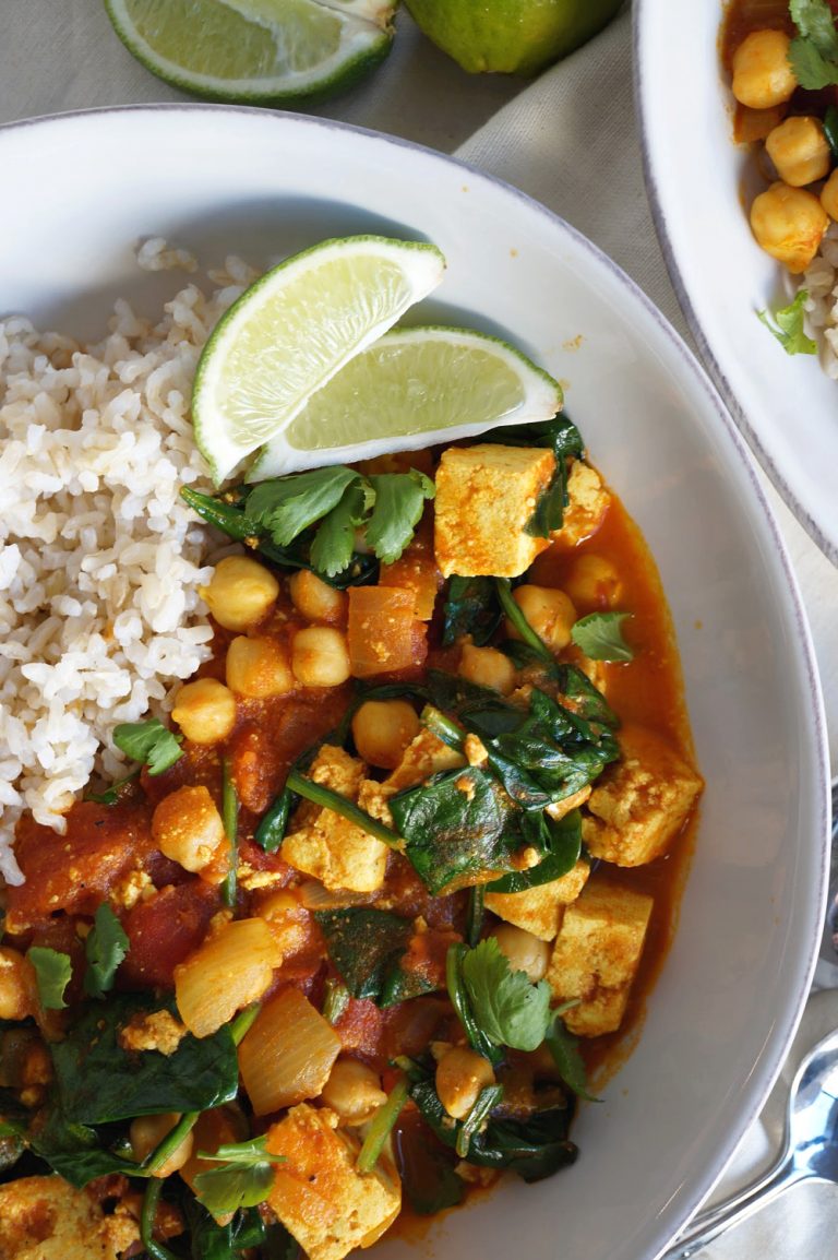 vegan chickpea curry with tofu and spinach - The Baking Fairy