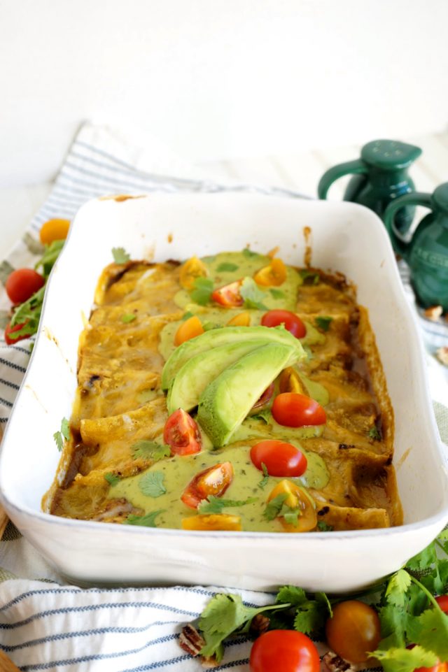 vegan salsa verde enchiladas with pecan meat The Baking Fairy
