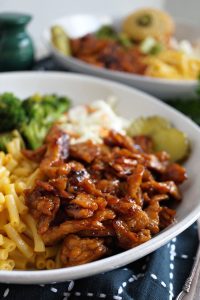 close up of BBQ soy curls