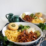 plate with bbq soy curls, macaroni, coleslaw, broccoli