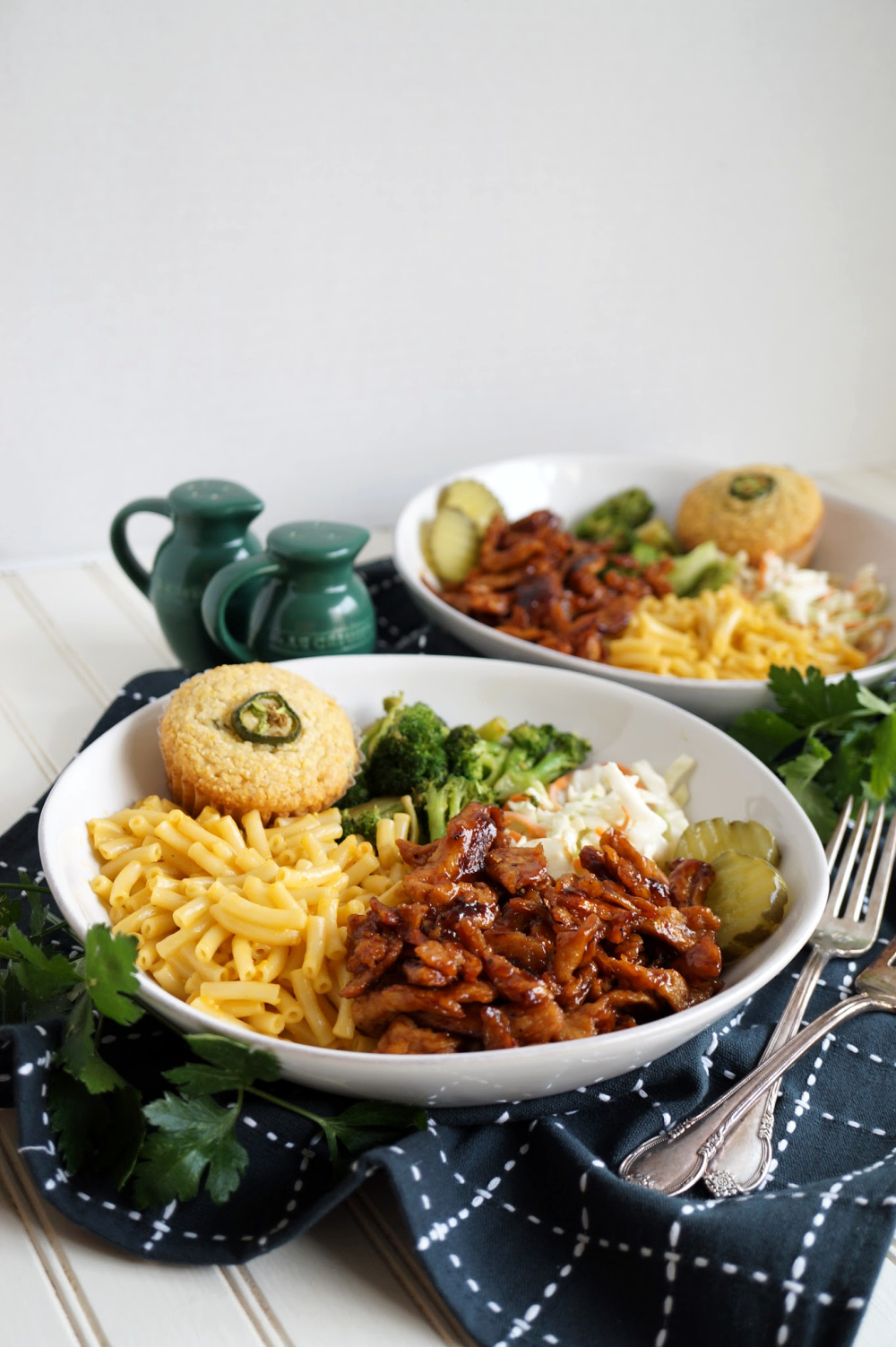 plate with bbq soy curls, macaroni, coleslaw, broccoli