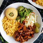 overhead image of bbq soy curl plate with sides