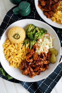 overhead image of bbq soy curl plate with sides