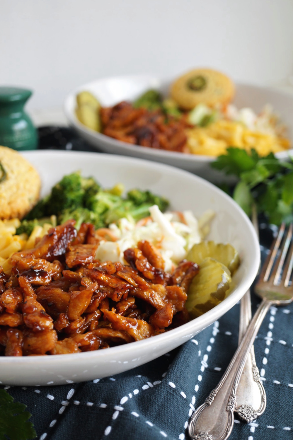 close up of saucy BBQ soy curls