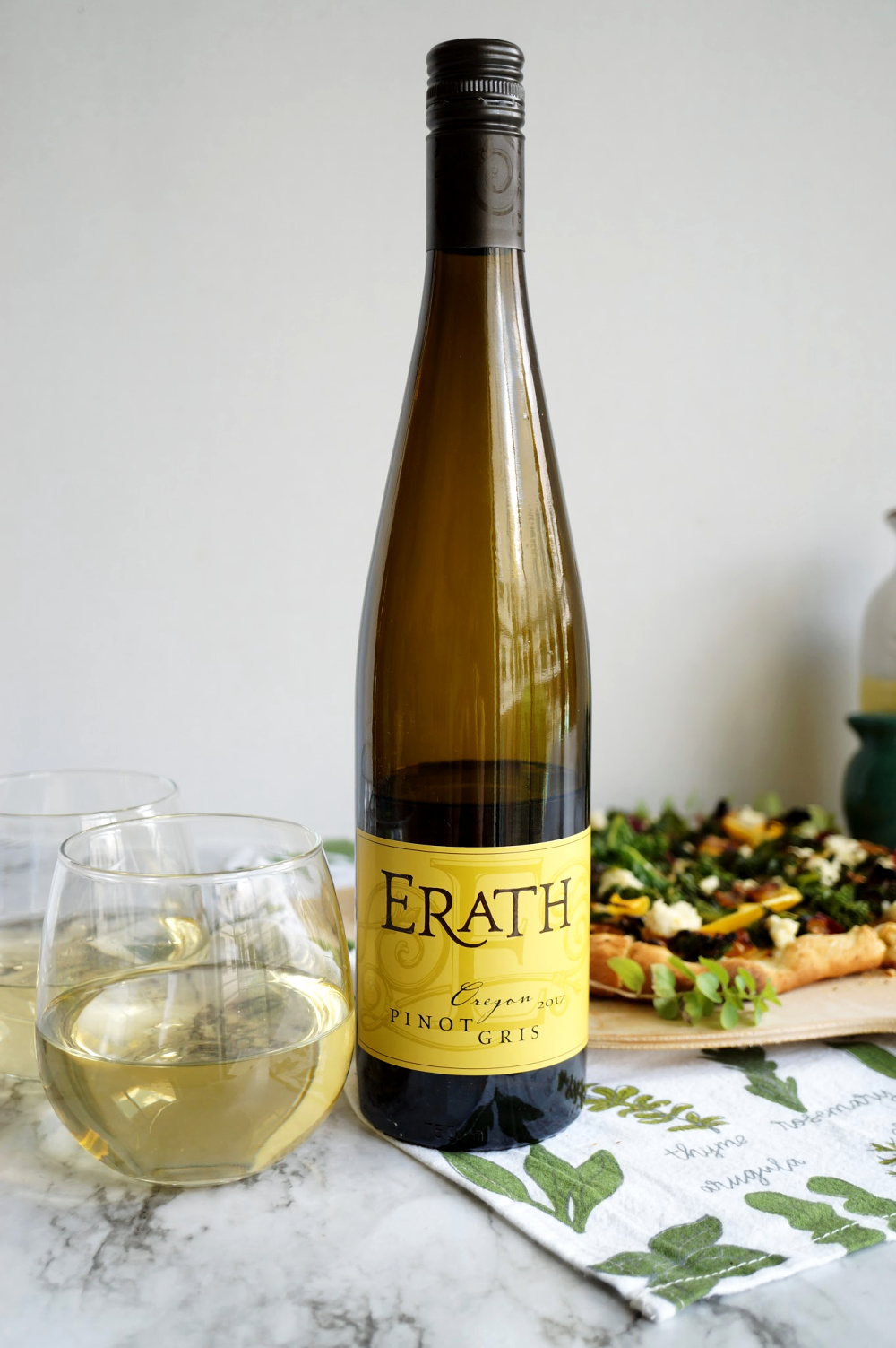 Erath wine bottle with pizza